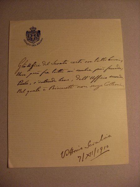 Lettera intestata "Senato del Regno" scritta e firmata VITTORIO SCIALOJA …