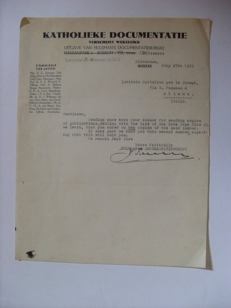 Lettera / Invio KATHOLIEKE DOCUMENTATIE Verschijnt Wekelijks - Hilversum1939