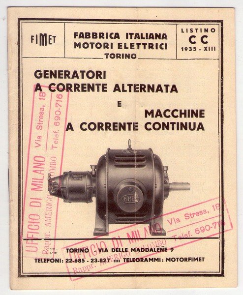 Listino 1935 FIMET Fabbrica Italiana Motori elettrici TORINO. Generatori a …