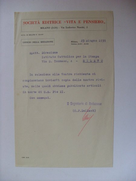 Lettera / Invio Società Editrice "VITA E PENSIERO" MILANO 1939