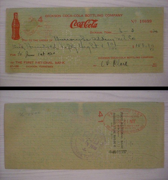 Cambiale/promissory note Dickson COCA COLA - First National Bank 1920