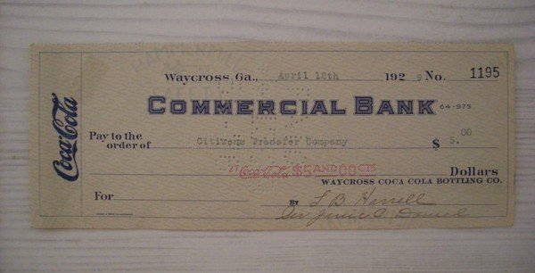 Cambiale/promissory note COCA COLA - Commercial Bank Waycross (Georgia) 1929