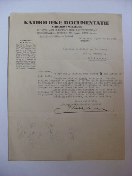 Lettera / Invio KATHOLIEKE DOCUMENTATIE Verschijnt Wekelijks - Hilversum1939