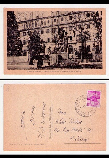 Cartolina DOMODOSSOLA - Collegio Rosmini - Monumento ai Caduti. 1962