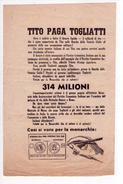Volantino propaganda VOTA PER LA MONARCHIA 1946 (Palmiro Togliatti / …