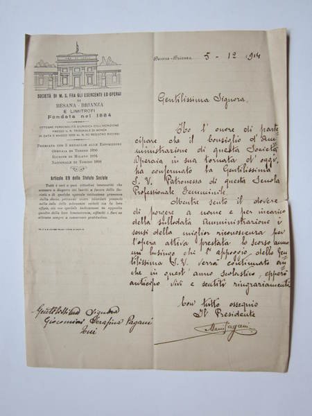 Lettera manoscritta e firmata Presidente Mario Pagani. Carta intestata Società …