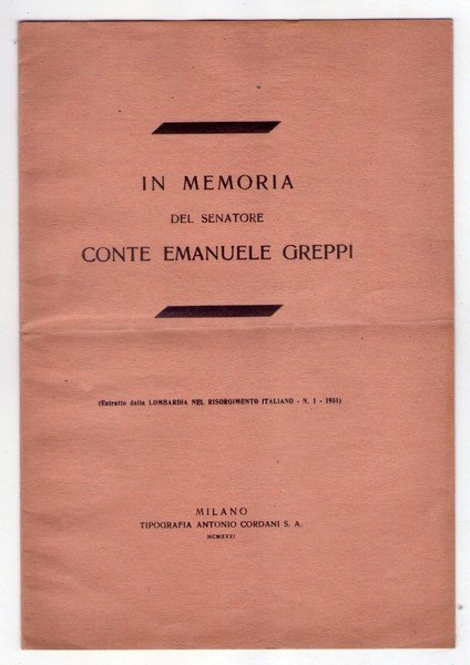 In memoria del Senatore Conte Emanuele Greppi. 1931