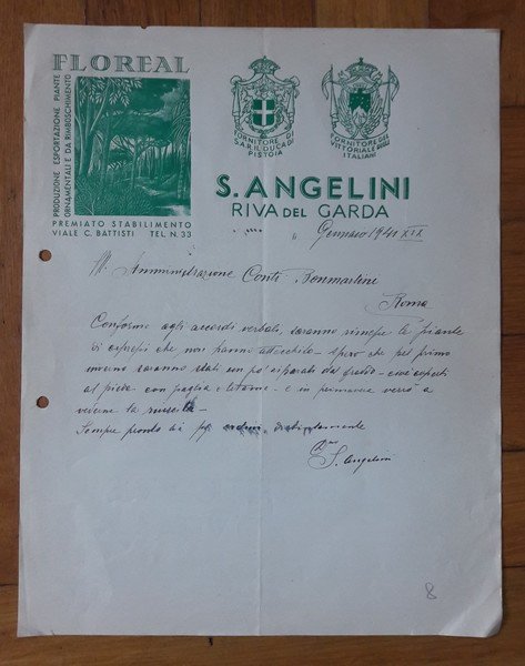 Lettera su carta intestata FLOREAL S. Angelini (Riva del Garda). …
