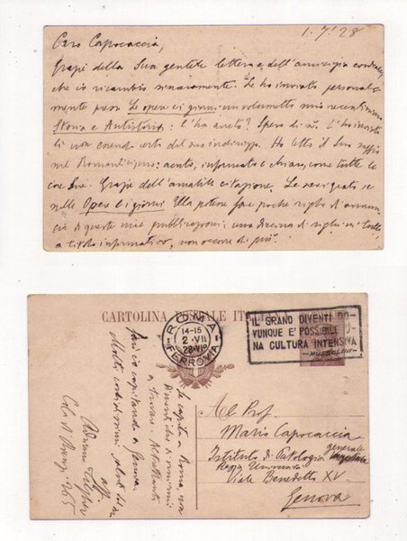 Cartolina manoscritta e firmata Adriano Tilgher (filosofo e saggista italiano) …