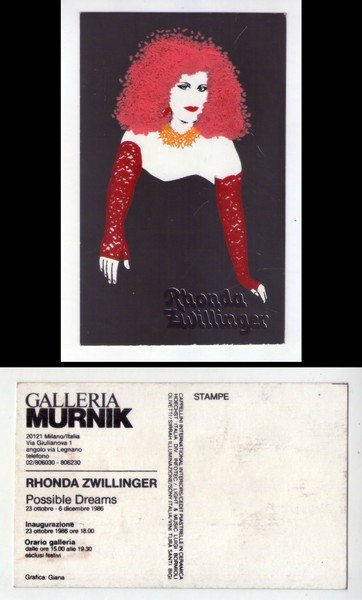 Cartolina serigrafica con applicazioni. RHONDA ZWILLINGER "Possible Dreams" Inaugurazione 1986
