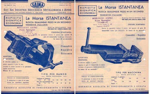 Foglio pubblicitario SAIMA Soc. An. Industria Meccanica Metallurgica e Affini. …