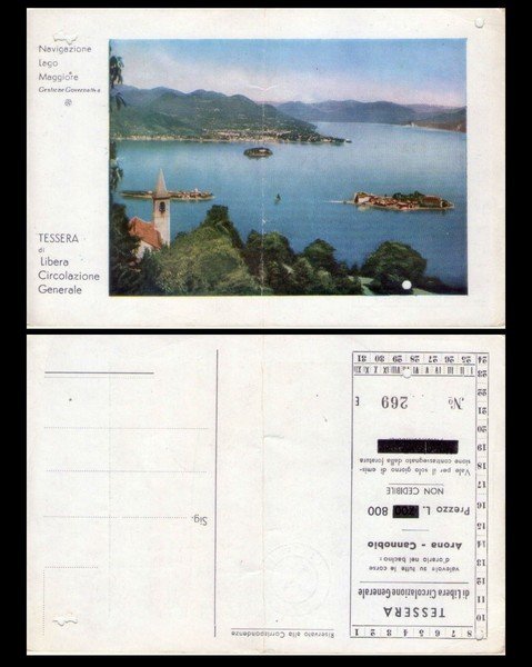 Cartolina/tessera di Libera Circolazione Generale - Navigazione Lago Maggiore. ARONA …