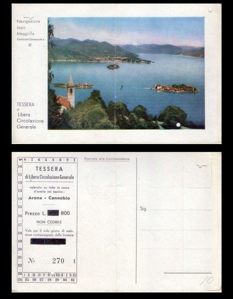 Cartolina/tessera di Libera Circolazione Generale - Navigazione Lago Maggiore. ARONA …