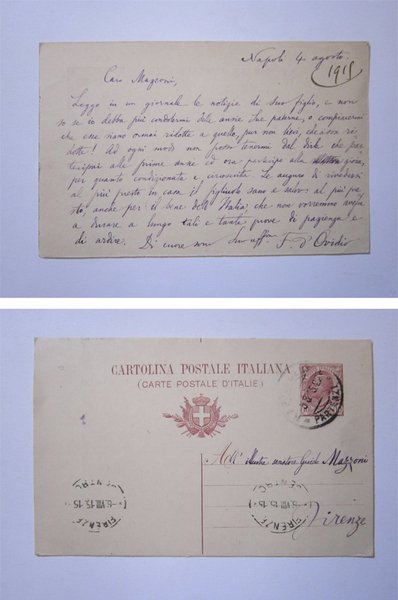 Cartolina manoscritta e firmata Francesco D'Ovidio al Senatore Guido Mazzoni …