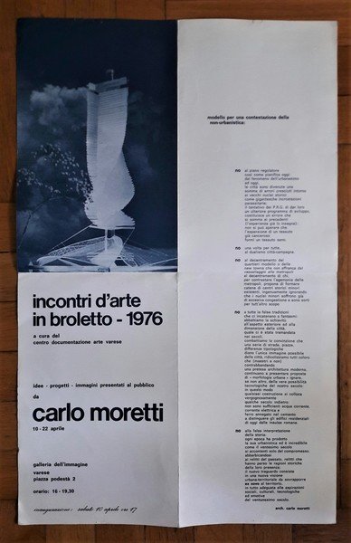 Manifesto mostra Incontri d'Arte in Broletto 1976. CARLO MORETTI. Galleria …