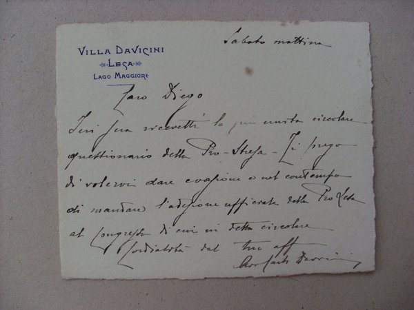 Cartoncino intestato VILLA DAVICINI - Lesa (Lago Maggiore) manoscritto e …