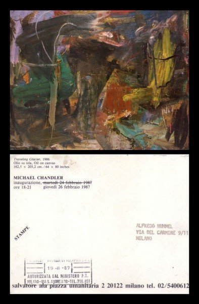 Cartolina mostra MICHAEL CHANDLER. Galleria Salvatore Ala Milano. Febbraio 1987