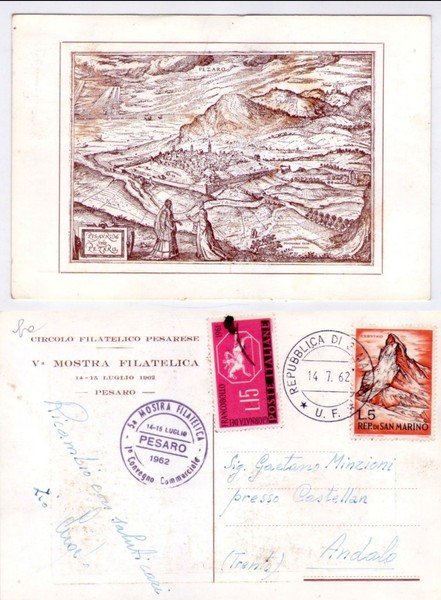 Cartolina Circolo filatelico pesarese. V° Mostra Filatelica 14-15 luglio 1962 …