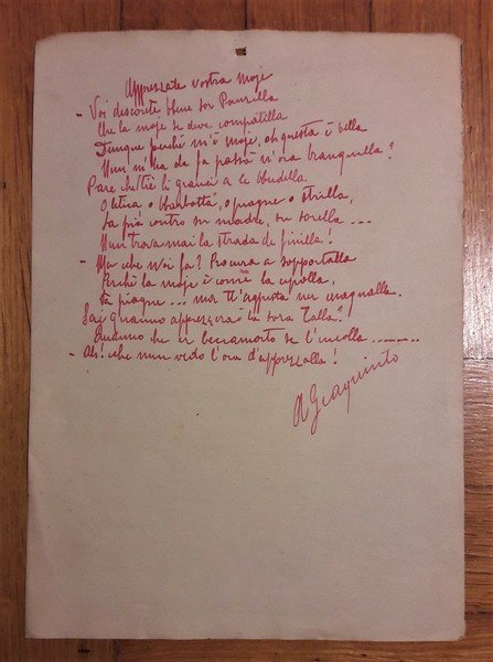 Poesia manoscritta e firmata da Adolfo Giaquinto.