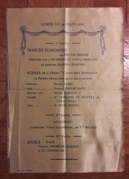 Locandina in seta "Marche Hongroise" "Cavalleria Rusticana". 29 Mars 1909