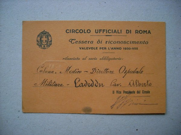 Tessera CIRCOLO UFFICIALI di ROMA 1930 (Albero Cadeddu)