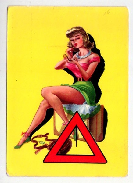 Cartolina illustrata pin-up segnali stradali TRIANGOLO ROSSO. Walt Disney Productions. …