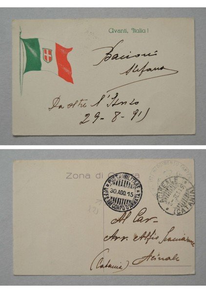 Cartolina / postcard da Zona di Guerra "Avanti, Italia!" (tricolore) …