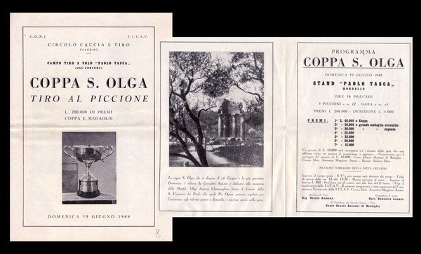 Brochure con programma Circolo Caccia e tiro - Palermo COPPA S.OLGA Tiro al Piccione. 19 giugno 1949