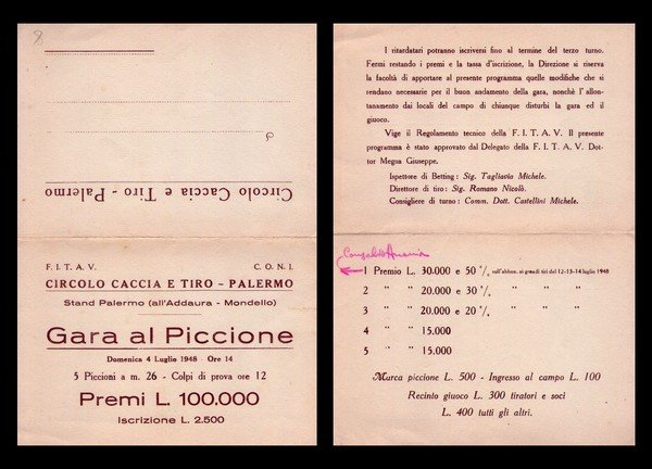 Cartolina iscrizione Circolo caccia e tiro - Palermo GARA AL …
