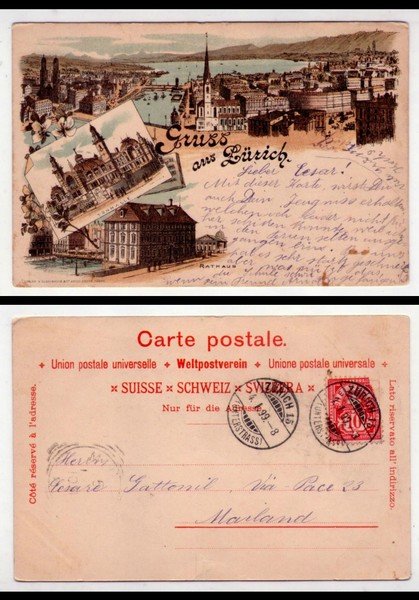 Cartolina/postcard Gruss aus Zürich (Zurigo). 1899