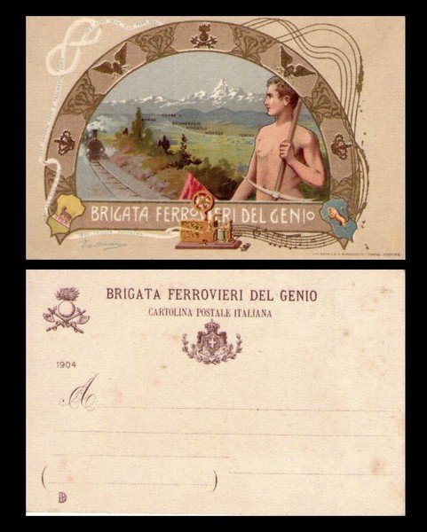 Cartolina Militare "Brigata Ferrovieri del Genio" 1904 ill.Tassinari