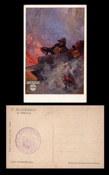 Cartolina Militare Reggimentali I°Autoparco(I°Armata) ill.Piero Todeschini - Prima Guerra Mondiale