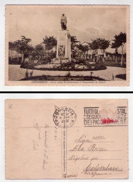 Cartolina/postcard CASTEGNATO (Brescia) Parco della Rimembranza e Monumento ai Caduti. …