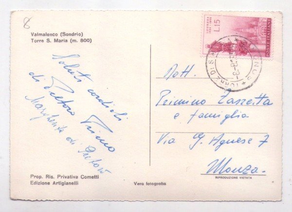 Cartolina/postcard Valmalenco (Sondrio) - Torre S. Maria. 1958