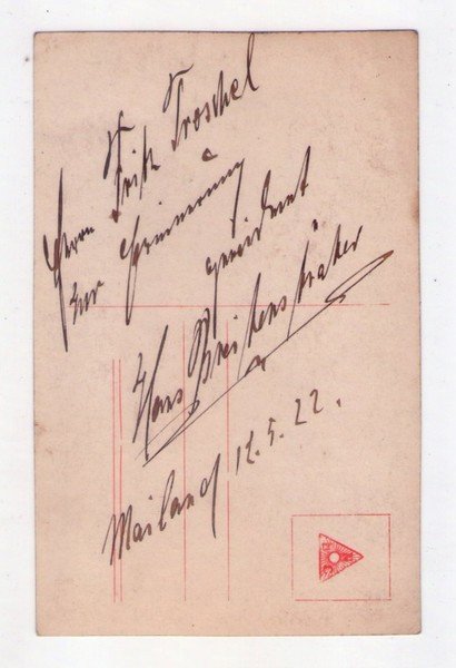 Cartolina fotografica Hans Breitensträter con autografo al retro, Milano 12 …