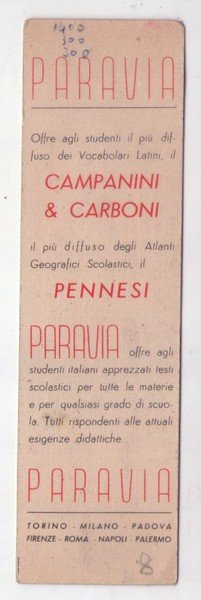 Segnalibro/bookmark G. Gnocchi Milano. Inchiostri di China LA PERLA. PARAVIA …