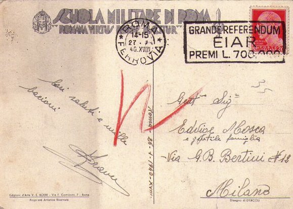 Cartolina Militari Reggimenti SCUOLA MILITARE DI ROMA ill.D'Ercoli 1940