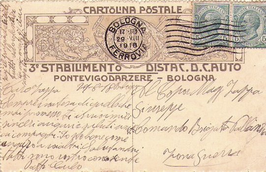 Cartolina Militare 3°Stabilimento Distaccamento D.C.Auto PONTEVIGODARZERE (Bologna) 1918 (Prima Guerra …