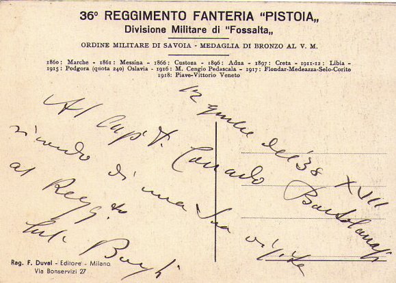 Cartolina Militare 36°Reggimento Fanteria PISTOIA - Divisione FOSSALTA 1938