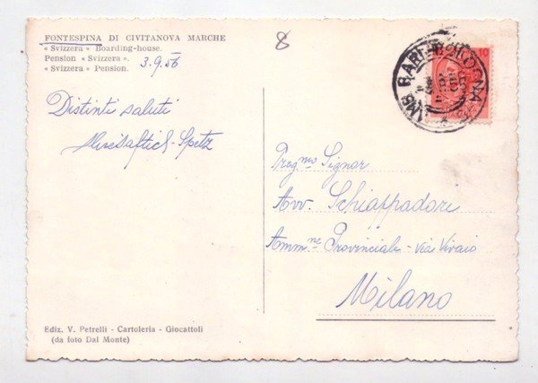 Cartolina/postcard Fontespina di Civitanova Marche (Macerata) Pensione Svizzera. 1956