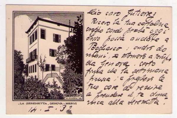 Cartolina/postcard "La Serenetta" Genova - Nervi. Manoscritta e firmata da …
