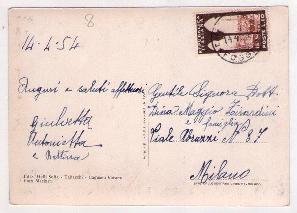 Cartolina/postcard Saluti da Cagnano Varano (Foggia) 1954