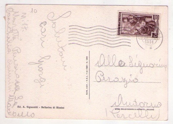 Cartolina/postcard Pensione Ideale "Bellariva" - Lido di Rimini. 1951