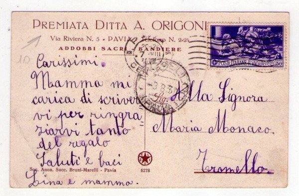 Cartolina Addobbo eseguito dalla Ditta A. Origoni - Pavia. Entrata …