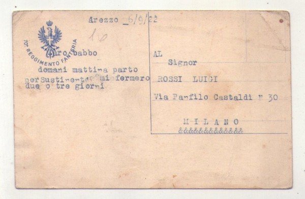 Cartolina Brigata Ancona - 70° Reggimento Fanteria. 1922
