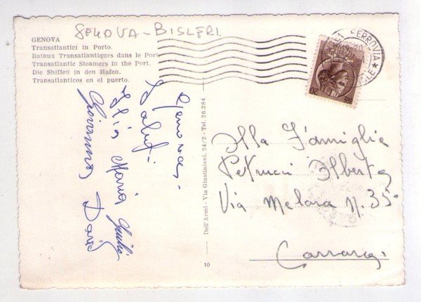 Cartolina GENOVA (Ferro China Bisleri). Transatlantici in Porto. 1958