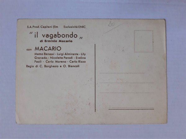 Cartolina IL VAGABONDO di Erminio Macario. Prod. Capiteni Film. Regia …