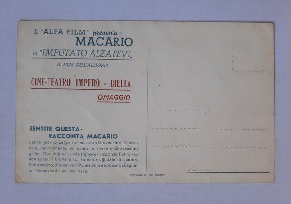 Cartolina MACARIO in "Imputato alzatevi". Illustratore Umberto Onorato.