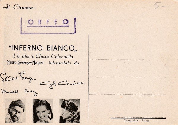 Cartolina Al Cinema: ORFEO "INFERNO BIANCO" (Stewart Granger, Wendell Corey, …