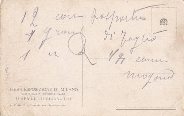 Cartolina Fiera esposizione di Milano - 1928. Il Viale d'accesso …